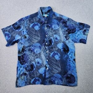 Kai Seashell Shirt Mens XL Blue Hawaiian Button Up Short Sleeve